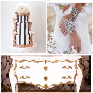 White and Gold with Black and White Candy stripe Cake